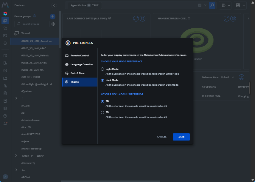 SOTI MobiControl console with the dark mode theme applied.