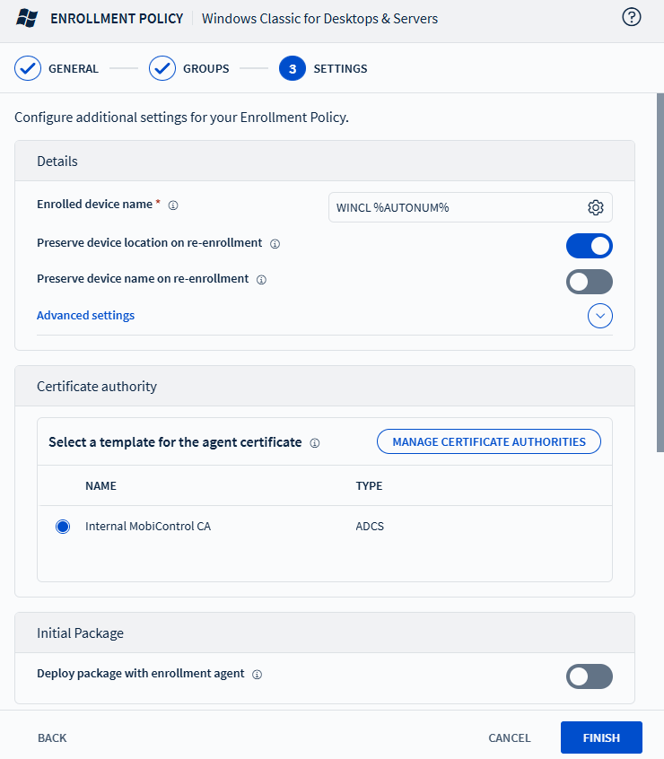 Settings tab configurations