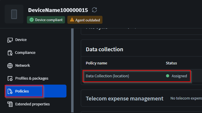 Ensure the device has an assigned data collection policy