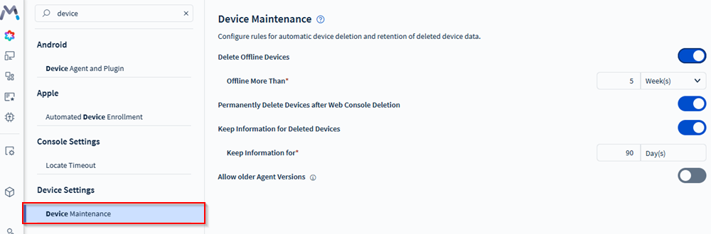 Device Maintenance section in Global Settings.