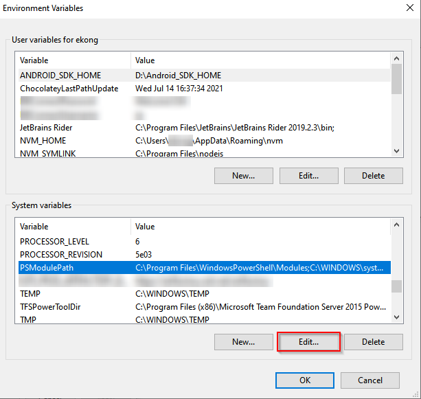 Editing the PSModulePath in the Environment Variables window.