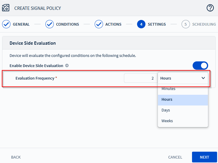 Setting an evaluation frequency for Device Side evaluation.