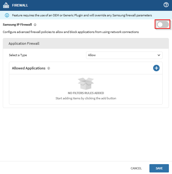Toggling on Samsung IP Firewall in the Work Managed firewall profile payload to configure advanced network traffic filtering and rerouting.