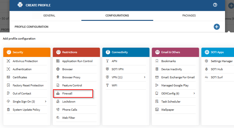 Selecting the Firewall configuration in an Android Enterprise Work Managed profile.
