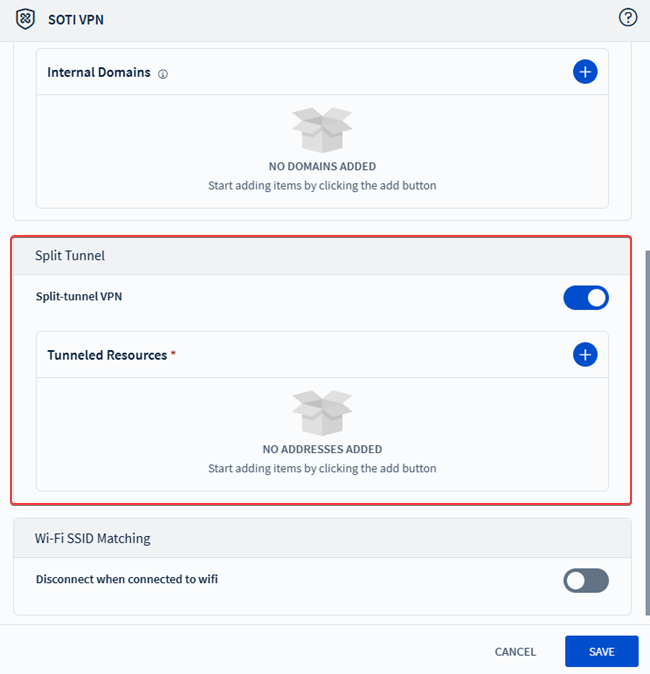 The Split Tunnel section in the VPN profile payload.
