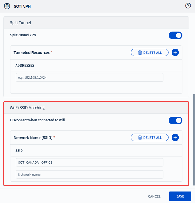 The Wi-Fi SSID Matching section in the VPN profile payload.