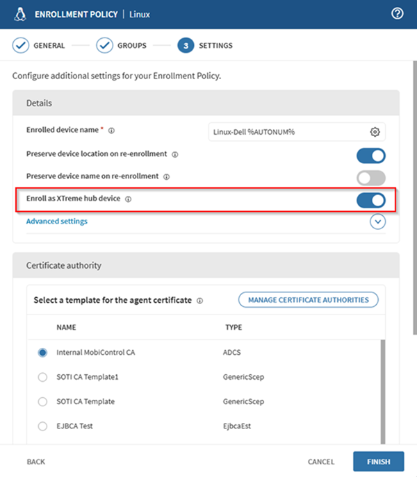 Toggling on the Enroll as SOTI XTreme Hub device in a Linux enrollment policy.