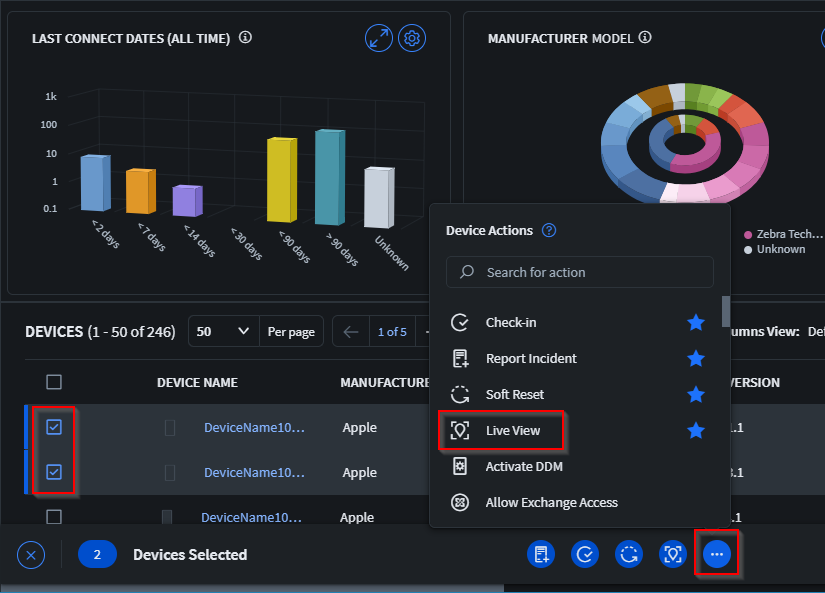 Select the devices to locate and then select Live View
