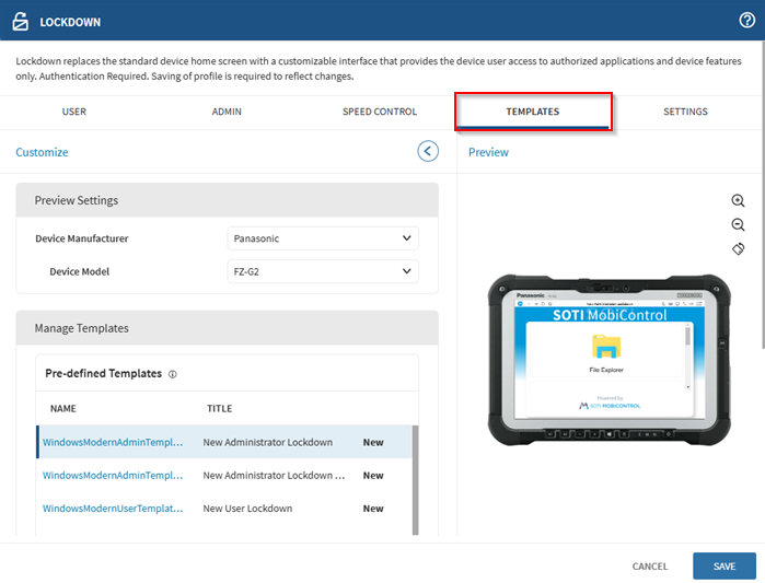 The Templates tab in the Windows Modern Lockdown configuration.