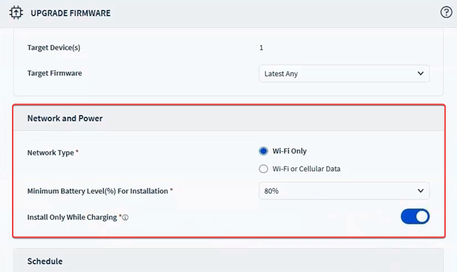 The Network and Power section in the Upgrade Firmware action dialog box.