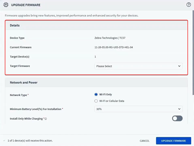 The Details section in the Upgrade Firmware action dialog box.