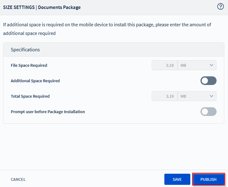 Selecting Publish on the Size Settings window