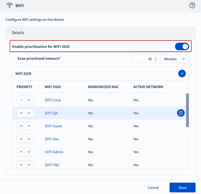 Toggling on the Enable prioritization for Wi-Fi SSID toggle in an Android Enterprise Work Managed Wi-Fi profile configuration dialog box.