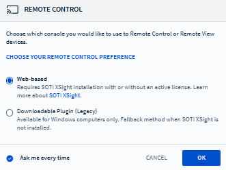 Choosing a mechanism to remote control a device. Choosing the Web-based SOTI XSight option
