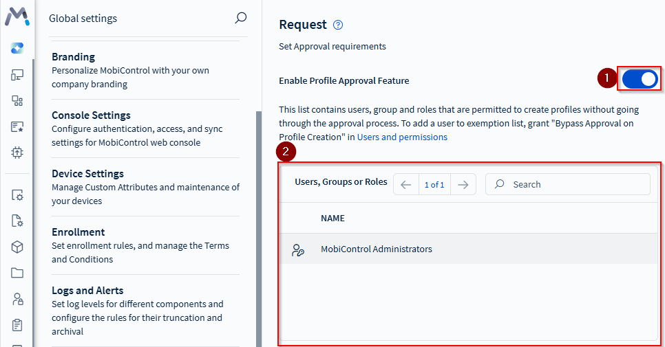 Request section in Global Settings showing profile approval and bypass table for users and roles.