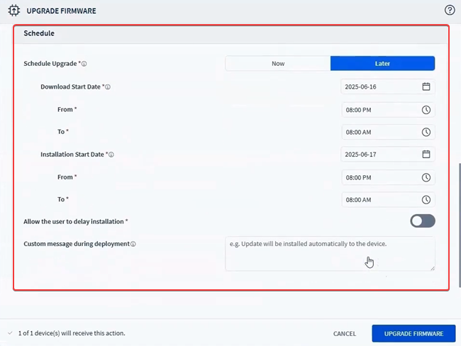 The Schedule section in the Upgrade Firmware action dialog box.