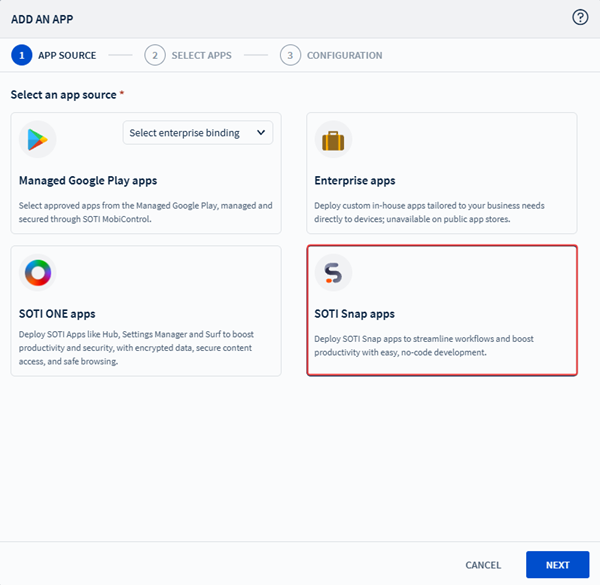 Selecting SOTISNAPP apps as the app source.