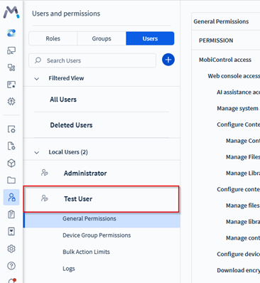 Selecting a local user account to view permission controls.