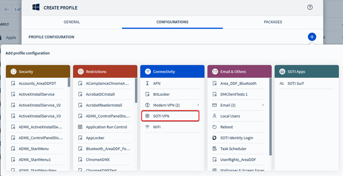 Selecting the SOTI VPN profile configuration in a Windows Modern profile.