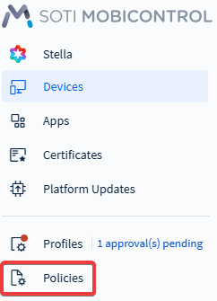 Selecting Policies from the SOTI MobiControl main menu