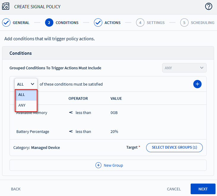 Criteria dropdown expanded, showing options for evaluating multiple conditions in a Signal policy.