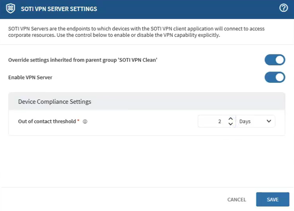 Advanced configuration options for SOTI VPN servers.