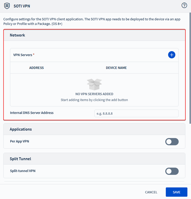 The Network Settings section in the SOTI VPN profile payload.