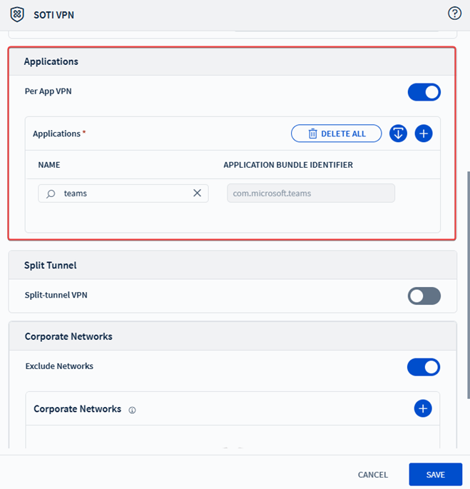 The Applications section in the SOTI VPN profile payload.