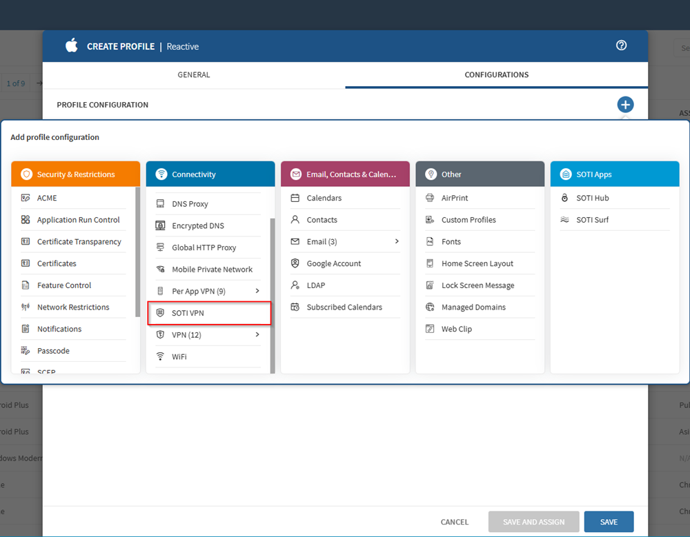 Selecting SOTI VPN in the configurations tab