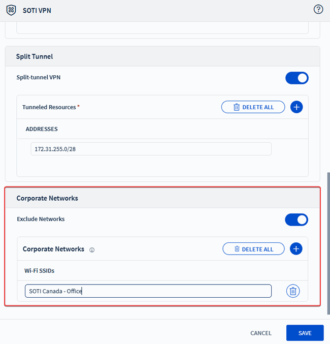 The Corporate Networks section in the SOTI VPN profile payload.