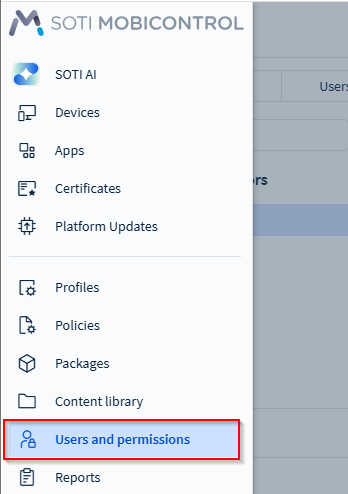 Selecting Users and Permissions in the main menu.