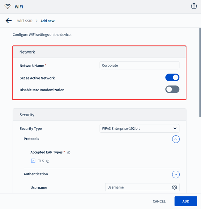 The Network section in the Android Enterprise Wi-Fi profile configuration dialog box.