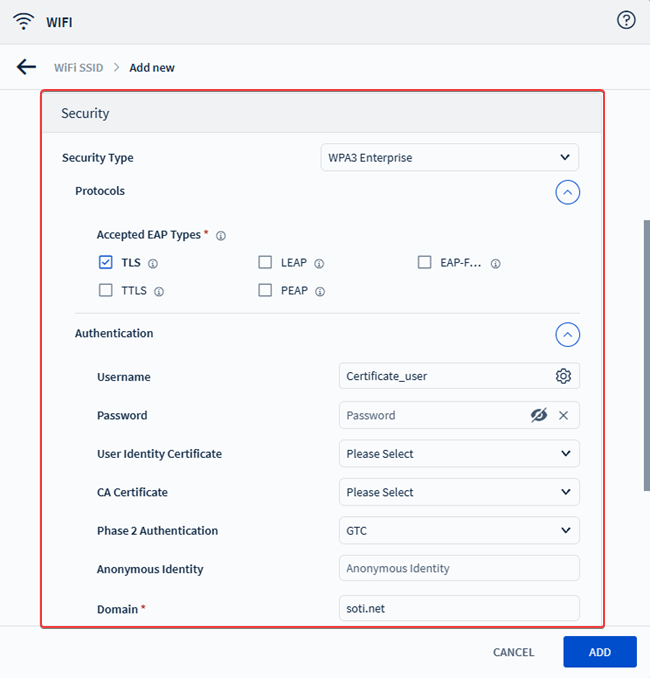 The Security section in the Android Enterprise Wi-Fi profile configuration dialog box.
