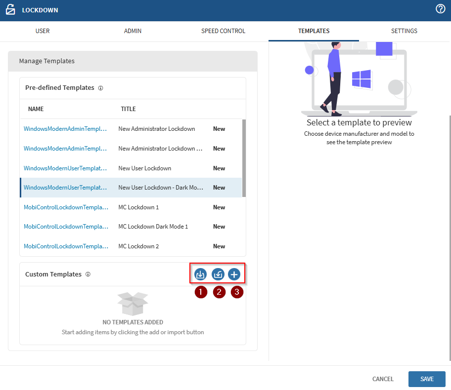 Viewing Windows Modern lockdown custom template options