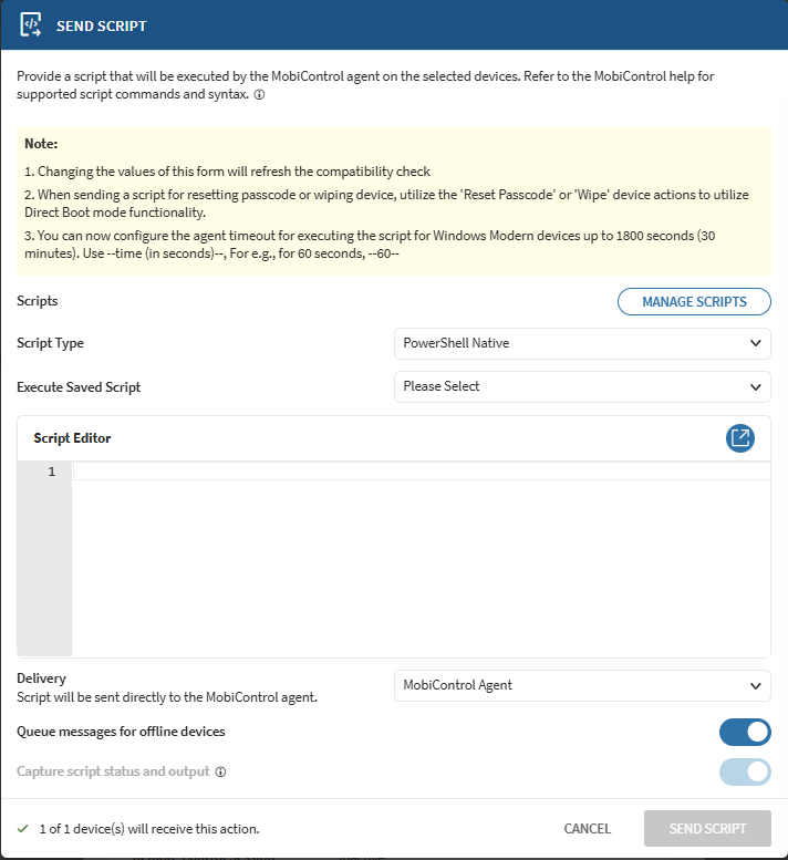 Send Script section for Windows Modern devices
