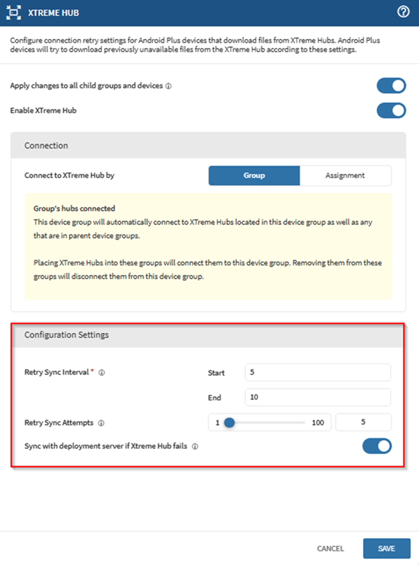 Configuring advanced settings for a SOTI XTreme Hub.