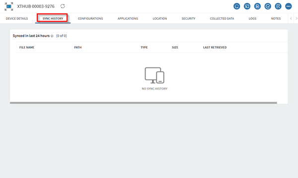 The Sync History tab on a SOTI XTreme Hub's information panel.