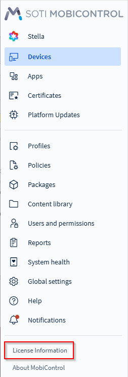 Select License Information from the main menu
