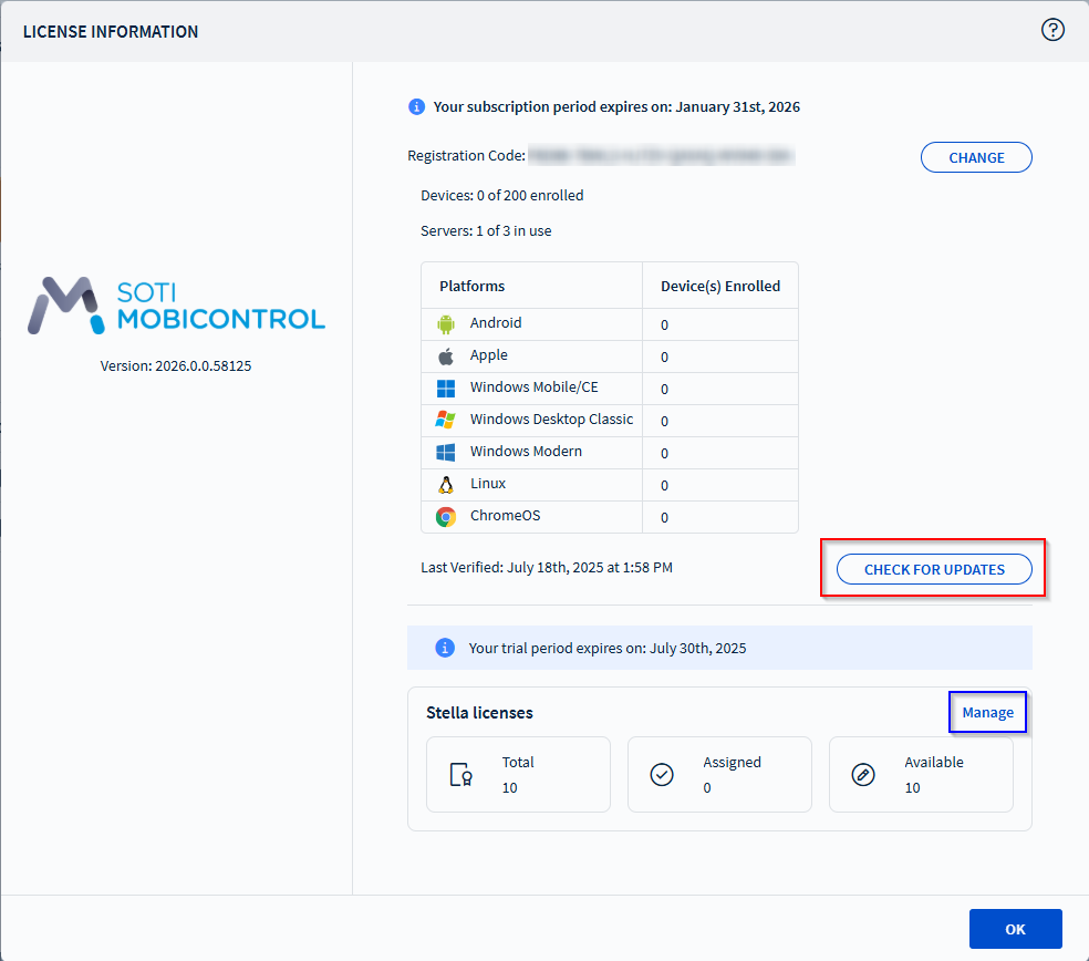 License Information window