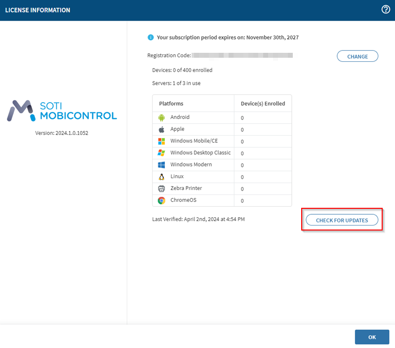 The SOTI MobiControl 2024.0.0 License Information screen