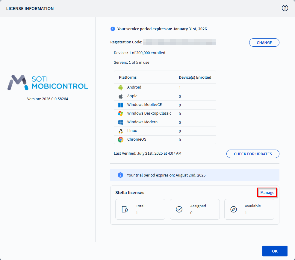 The SOTI MobiControl 2026.0.0 License Information screen