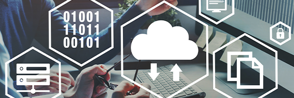 Icons representing downloadable files overlayed on top of an image of people using a laptop