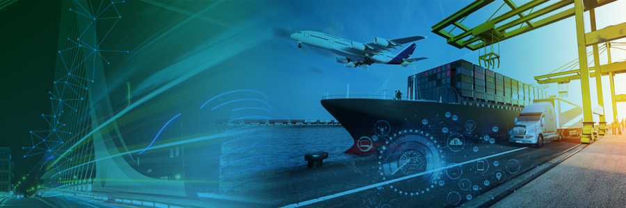 A man using a tablet superimposed on an airplane, a cargo ship and a delivery truck