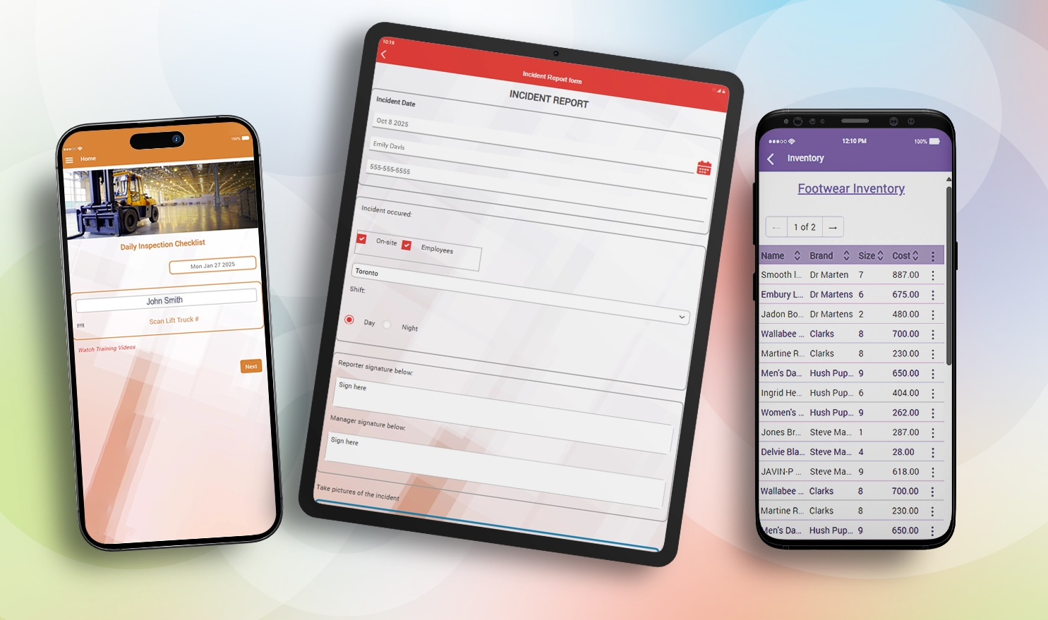 Three mobile devices displaying different workplace applications: a smartphone with a Daily Inspection Checklist dated Jan 1, 2023 for John Smith; a tablet showing an Incident Report form with fields for date, location, and signatures; and another smartphone displaying a Footwear Inventory list with names, brands, sizes, and costs.