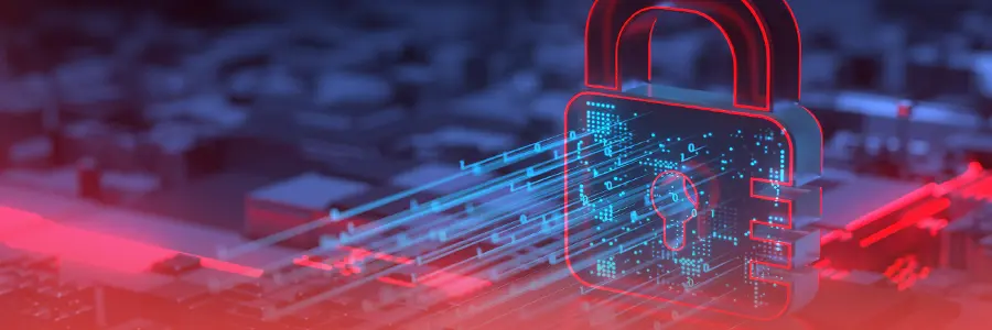 Digital padlock symbolizing cybersecurity protection with glowing circuit lines.