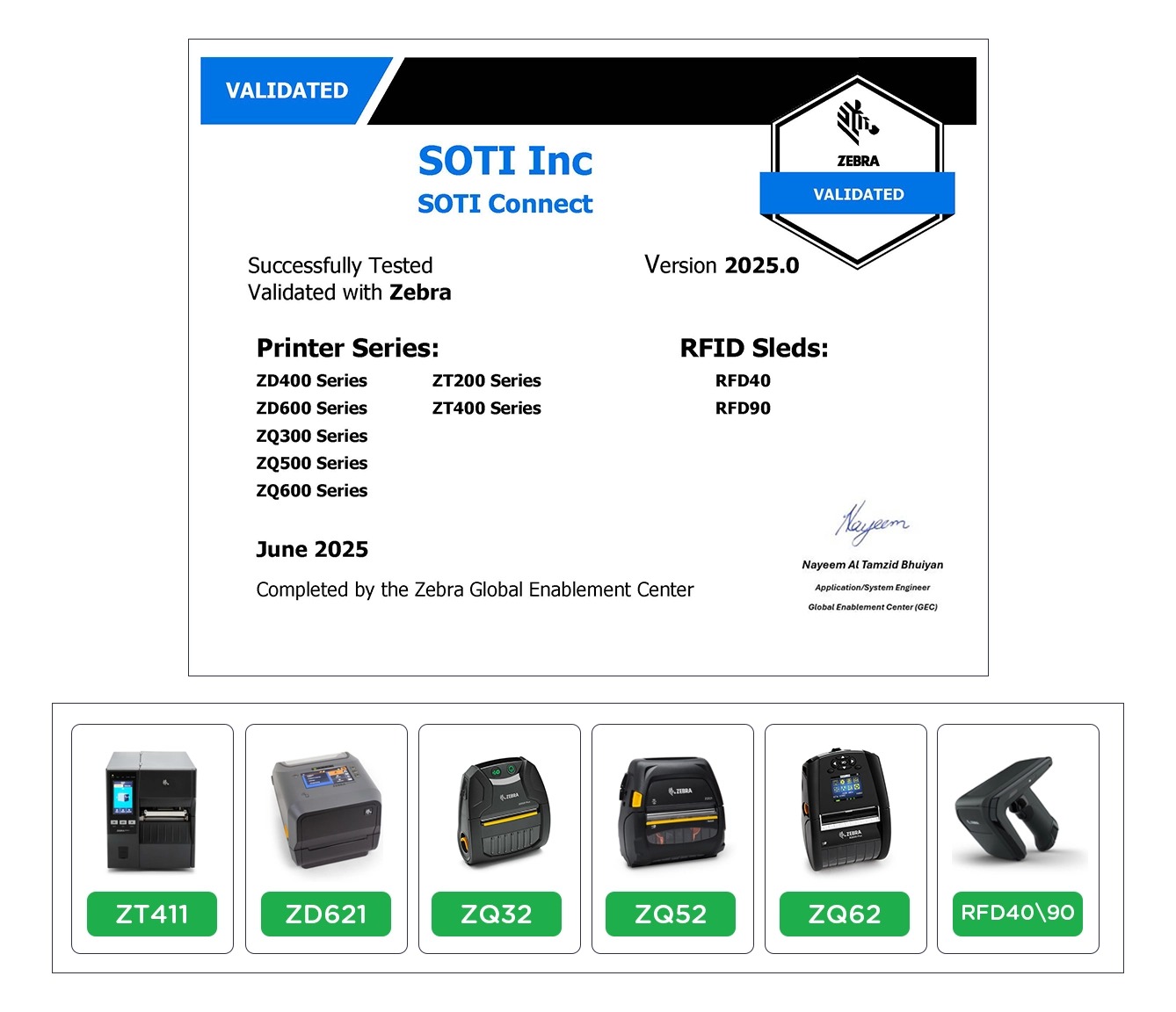 Certificate showing SOTI Connect is Zebra validated, as well as Zebra products