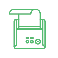 Icon of a printer being accessed remotely and printing a sheet of paper.