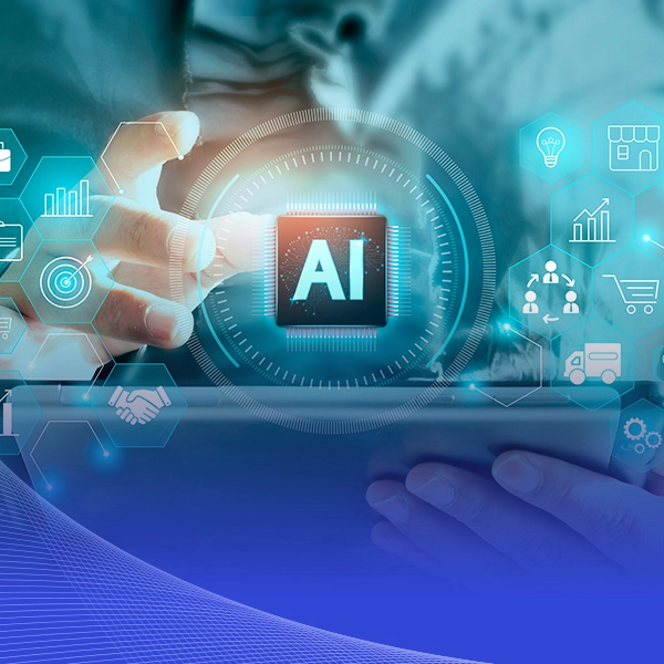 A hand reaching towards a hologram with a computer chip in the middle with the letters AI