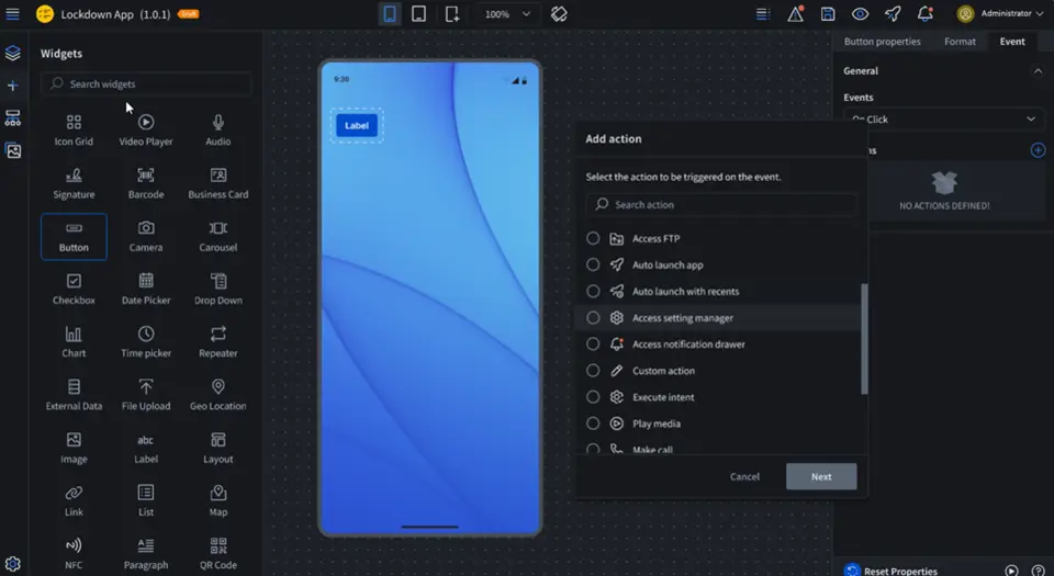Application builder interface showing a mobile device preview with a button widget selected, a widgets panel on the left, and an ‘Add action’ settings panel on the right.