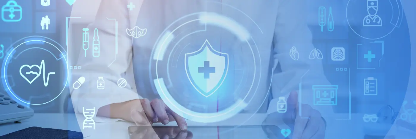 Hands using a tablet with a digital shield and medical cross icon, surrounded by healthcare and data security symbols.